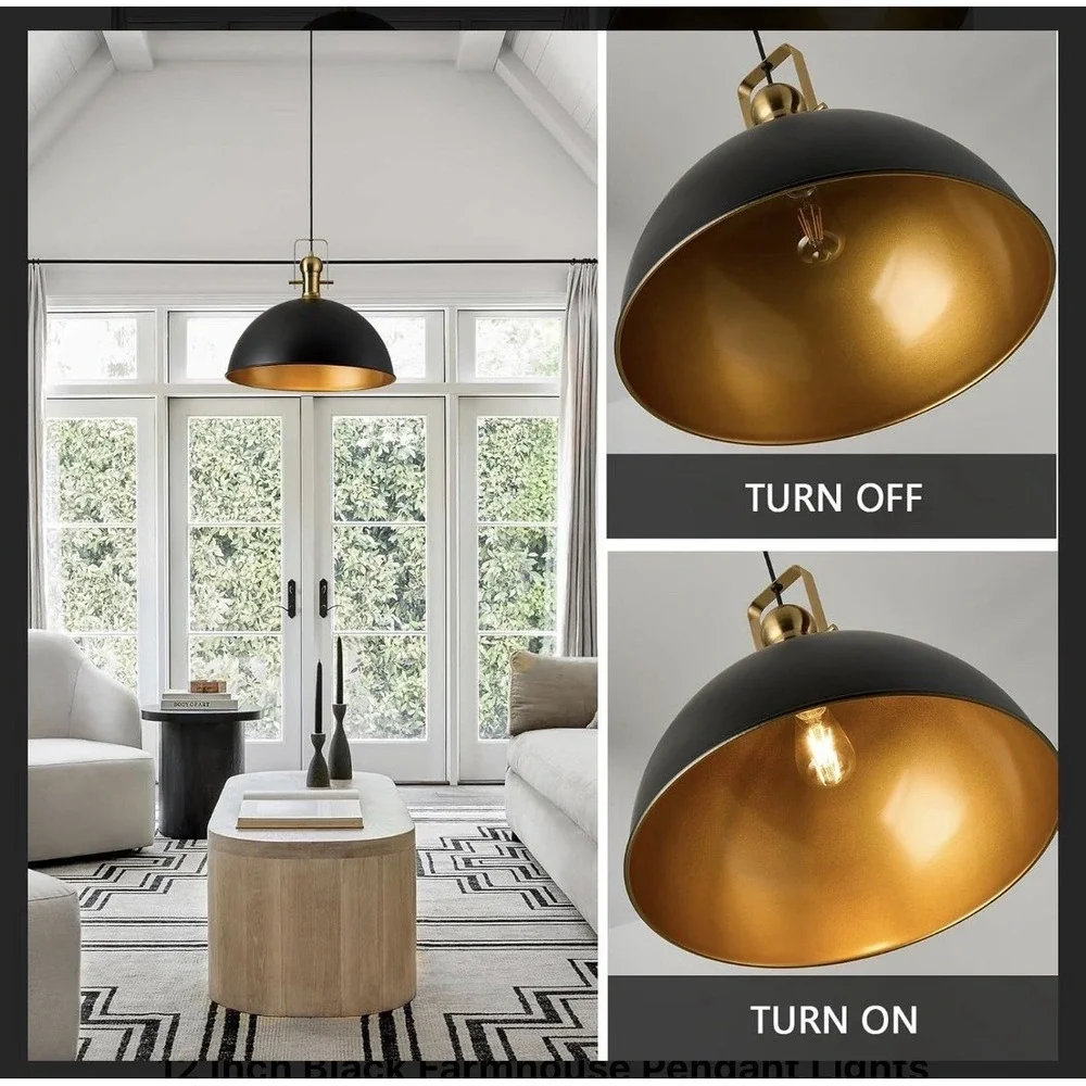 Modern Industrial 12-Inch Pendant Light - Matte Black with Gold Interior - NEW